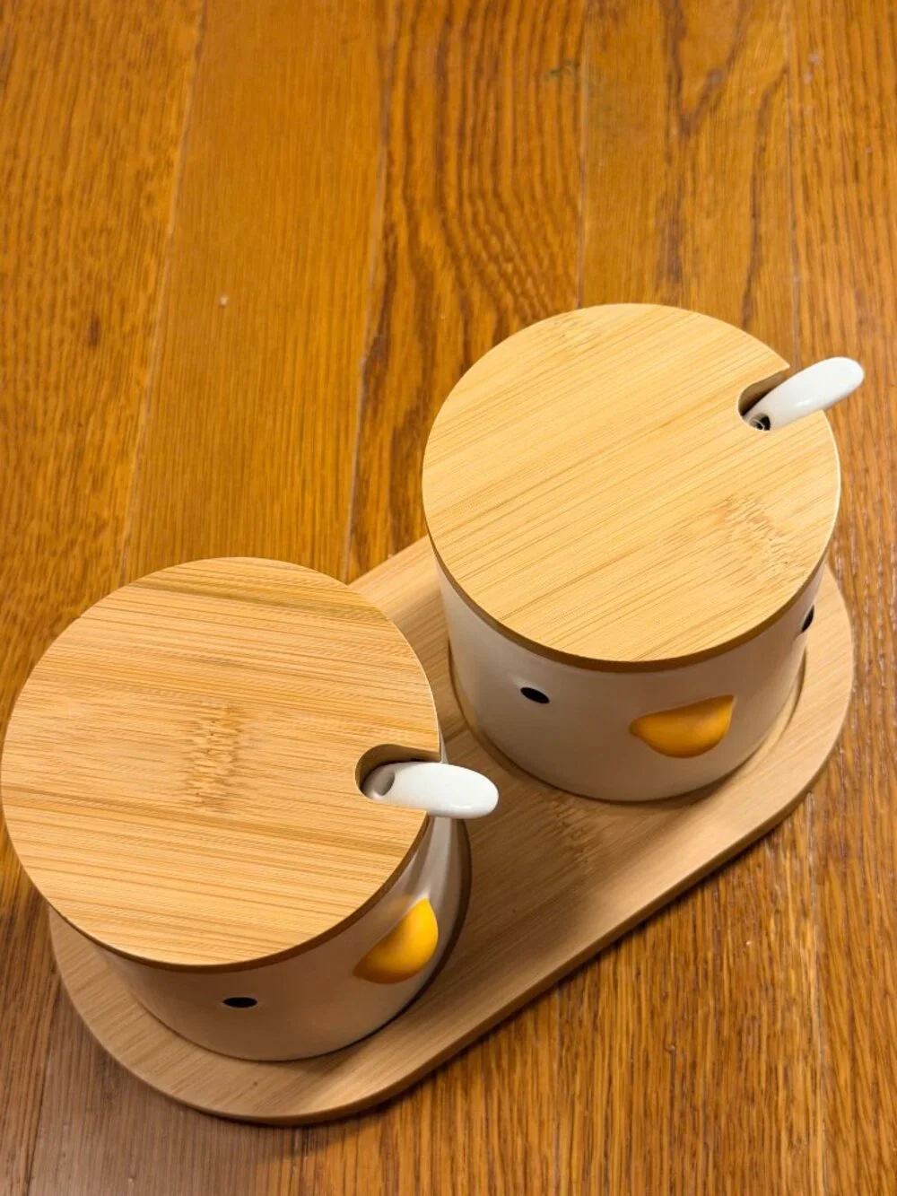 Ceramic Sugar Bowls with Wood Lids & Tray Spoons Duck Set of 2 New